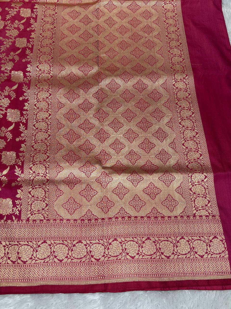 Deep Pink Katan Silk Banarasi Jungla Saree with Antique Gold Zari Cutwork and Diamond Lattice Pallu