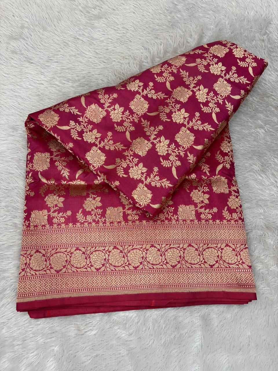 Deep Pink Katan Silk Banarasi Jungla Saree with Antique Gold Zari Cutwork and Diamond Lattice Pallu