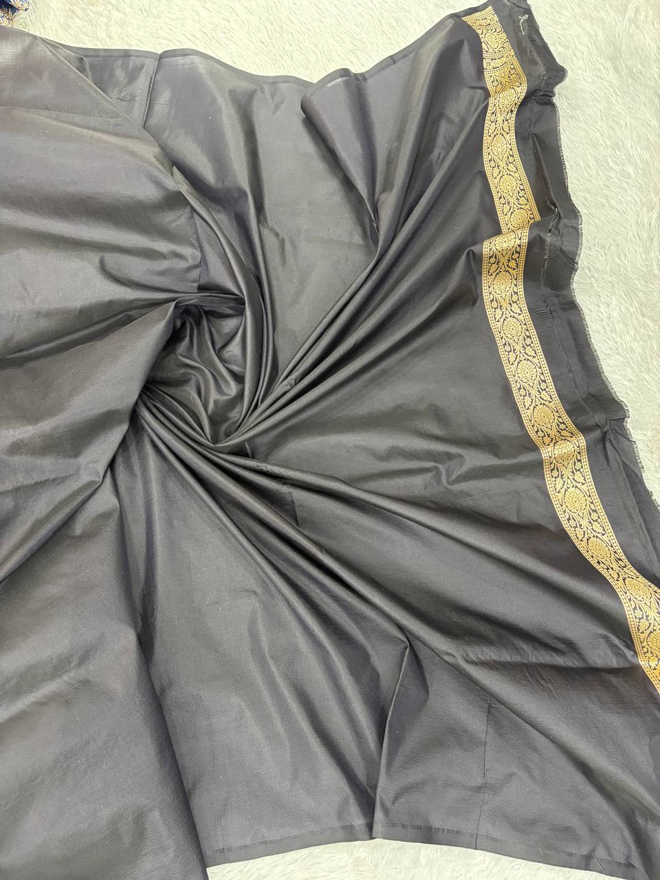 Black Katan Silk Banarasi Jungla Saree with Antique Gold Zari Cutwork and Grand Paisley Pallu