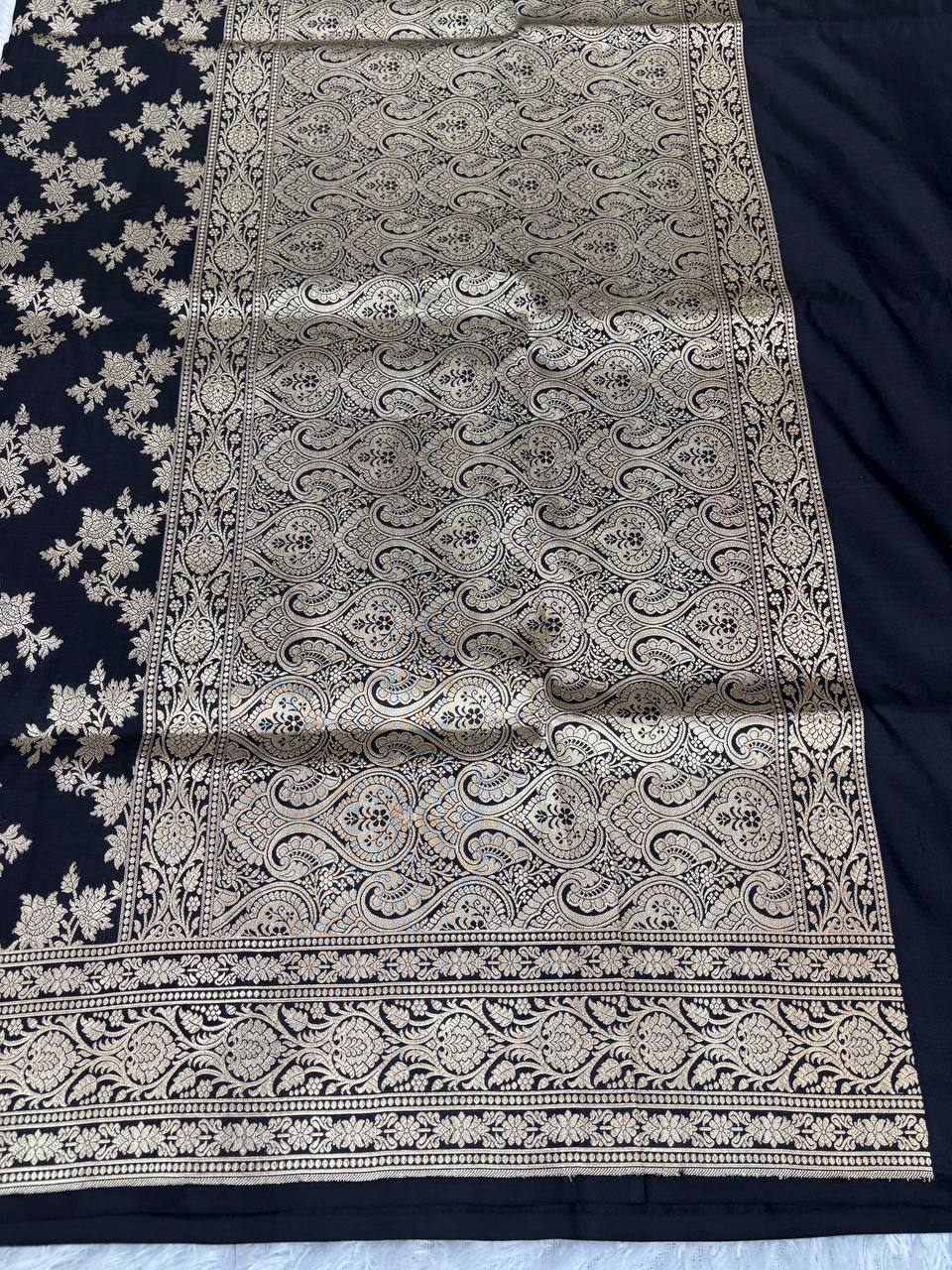 Black Katan Silk Banarasi Jungla Saree with Antique Gold Zari Cutwork and Grand Paisley Pallu