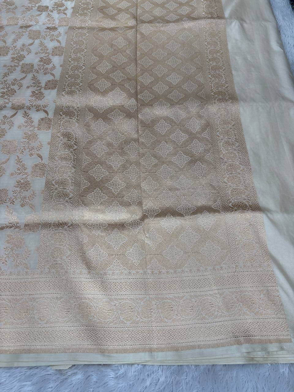 Off-White Katan Silk Banarasi Jungla Saree with Rose Gold Zari Cutwork and Grand Paisley Pallu