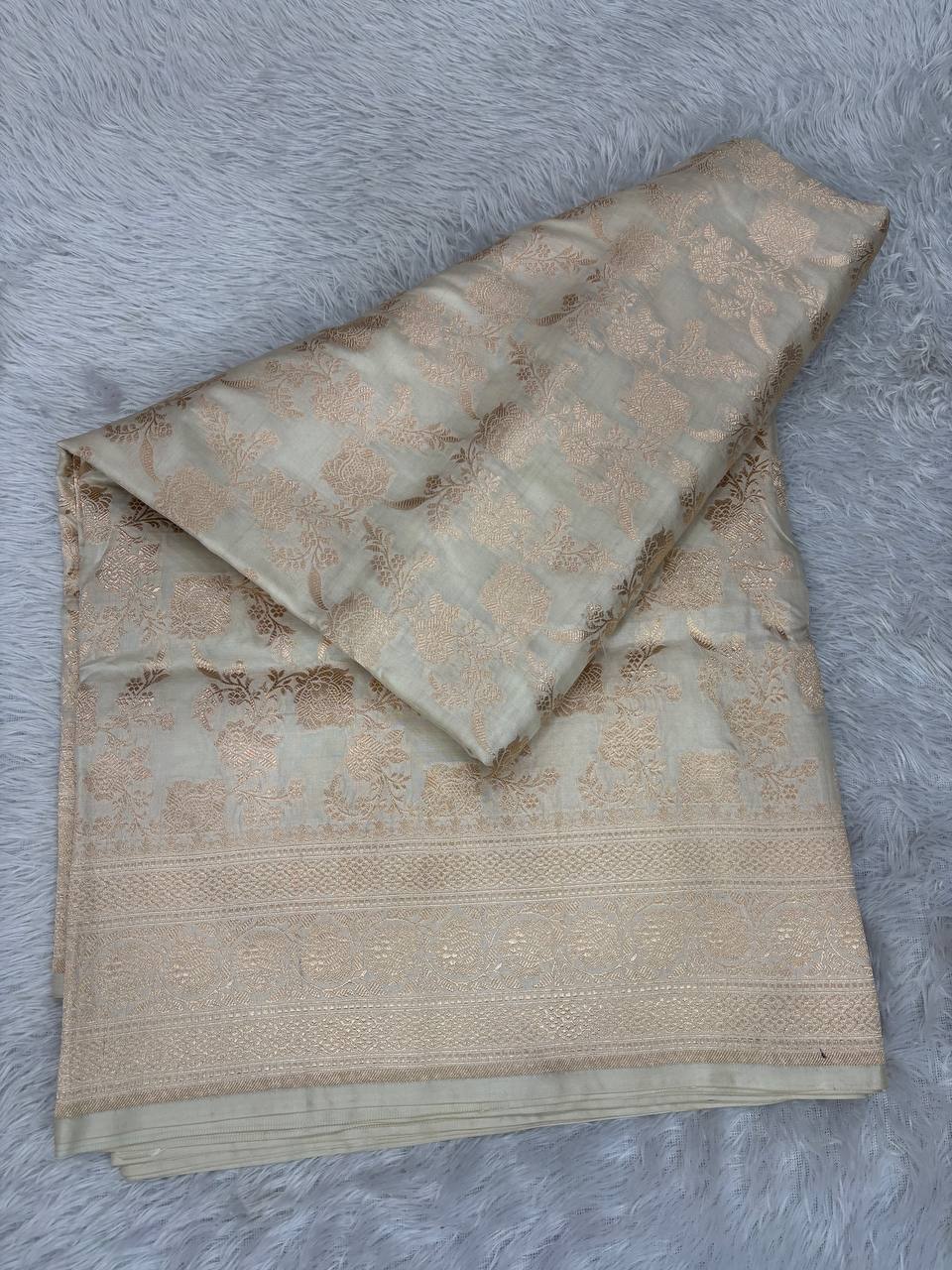 Off-White Katan Silk Banarasi Jungla Saree with Rose Gold Zari Cutwork and Grand Paisley Pallu