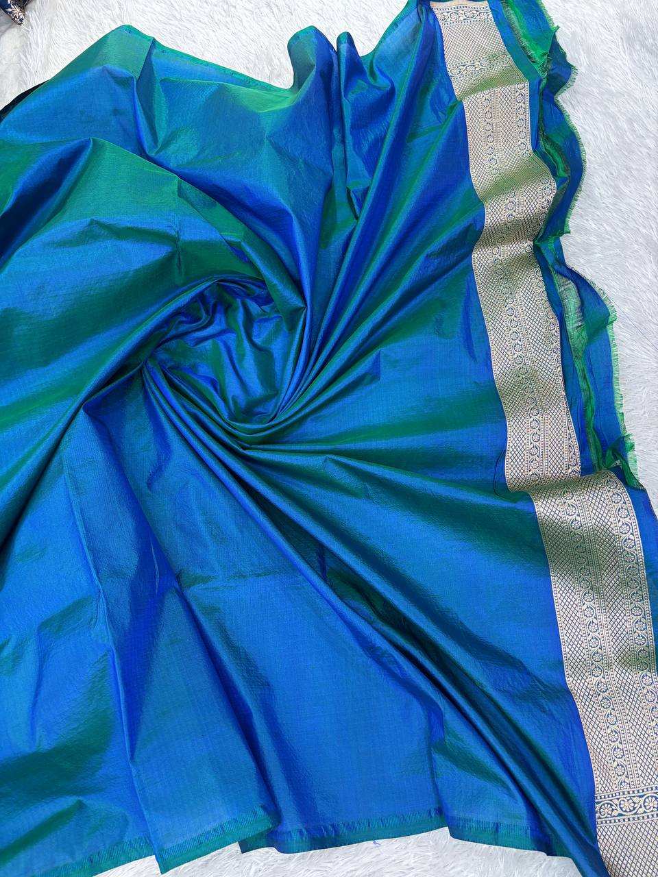 Peacock Blue Katan Silk Banarasi Jungla Saree with Antique Gold Zari Cutwork and Floral Lattice Pallu