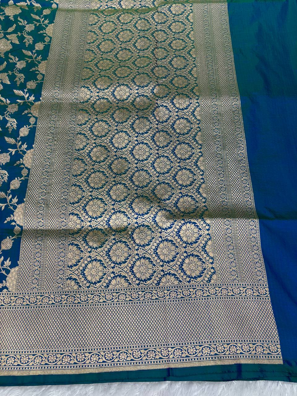 Peacock Blue Katan Silk Banarasi Jungla Saree with Antique Gold Zari Cutwork and Floral Lattice Pallu
