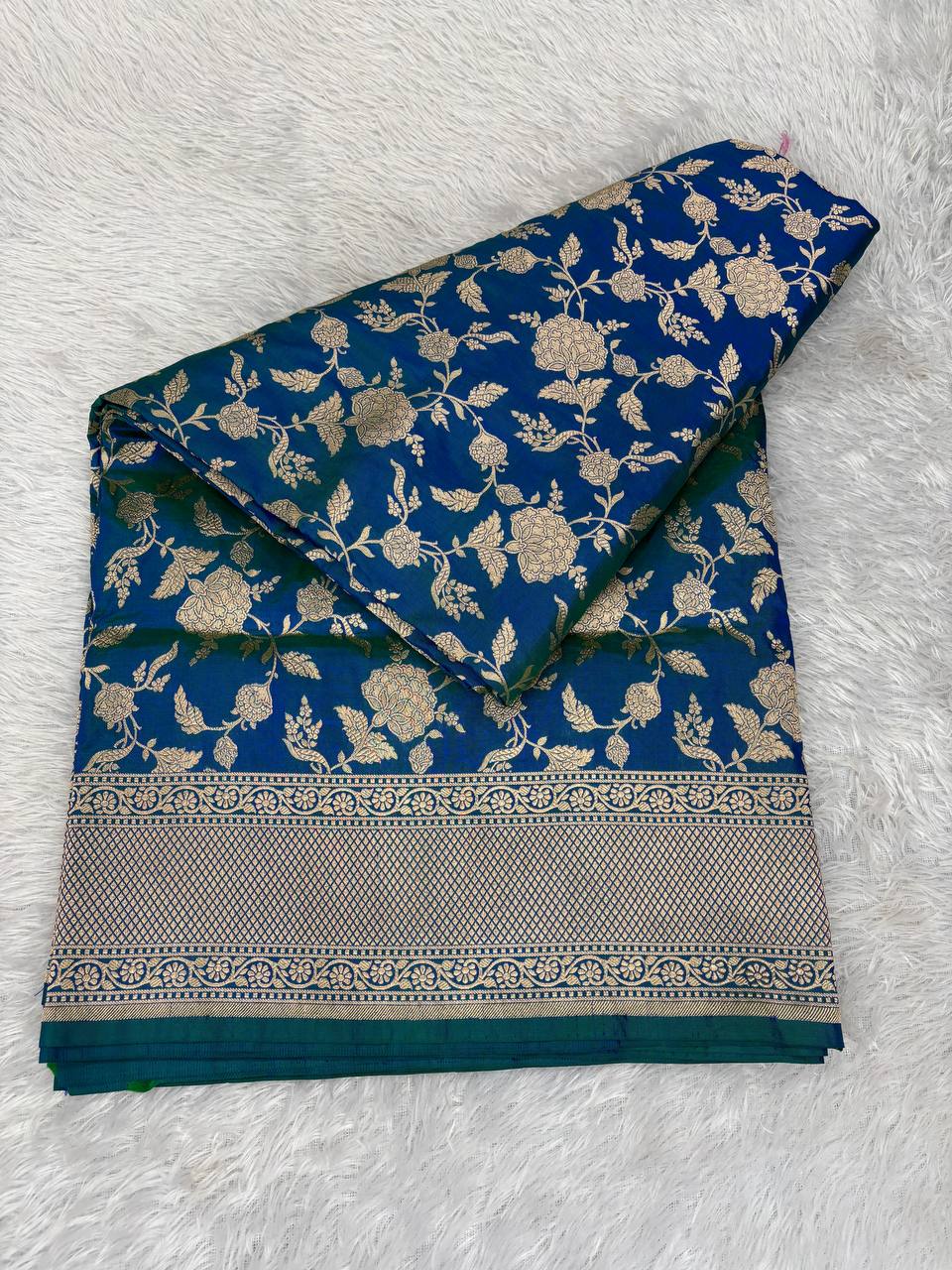 Peacock Blue Katan Silk Banarasi Jungla Saree with Antique Gold Zari Cutwork and Floral Lattice Pallu