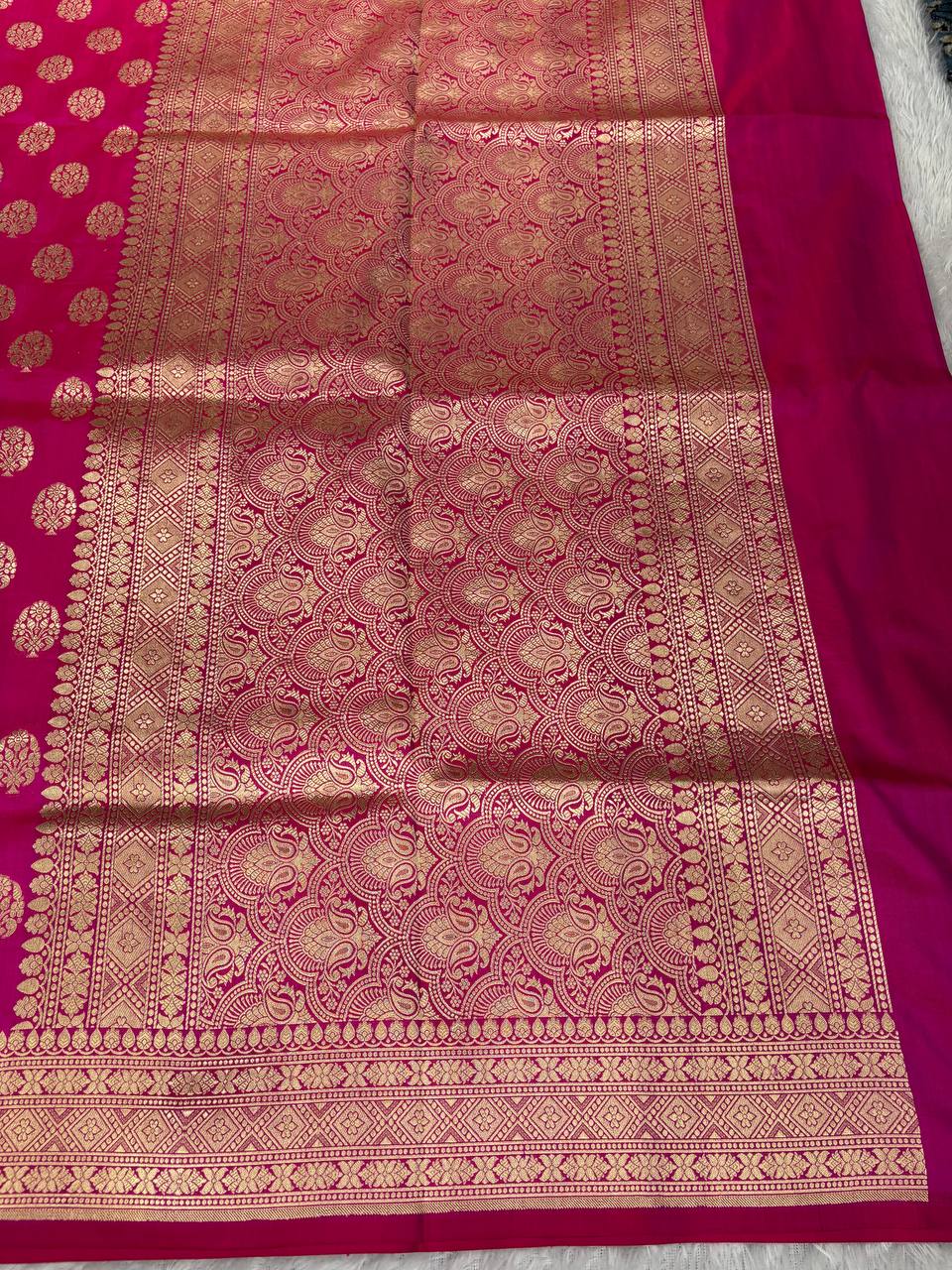 Vibrant Pink Katan Silk Banarasi Jungla Saree with Antique Gold Zari Cutwork and Grand Paisley Pallu
