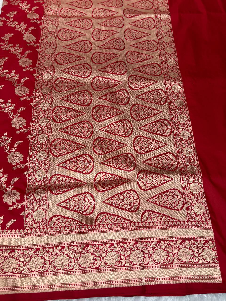 Vibrant Red Katan Silk Banarasi Jungla Saree with Antique Gold Zari Cutwork and Grand Paisley Pallu