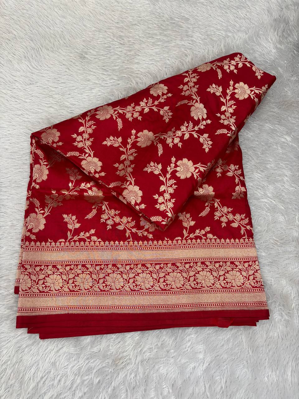 Vibrant Red Katan Silk Banarasi Jungla Saree with Antique Gold Zari Cutwork and Grand Paisley Pallu