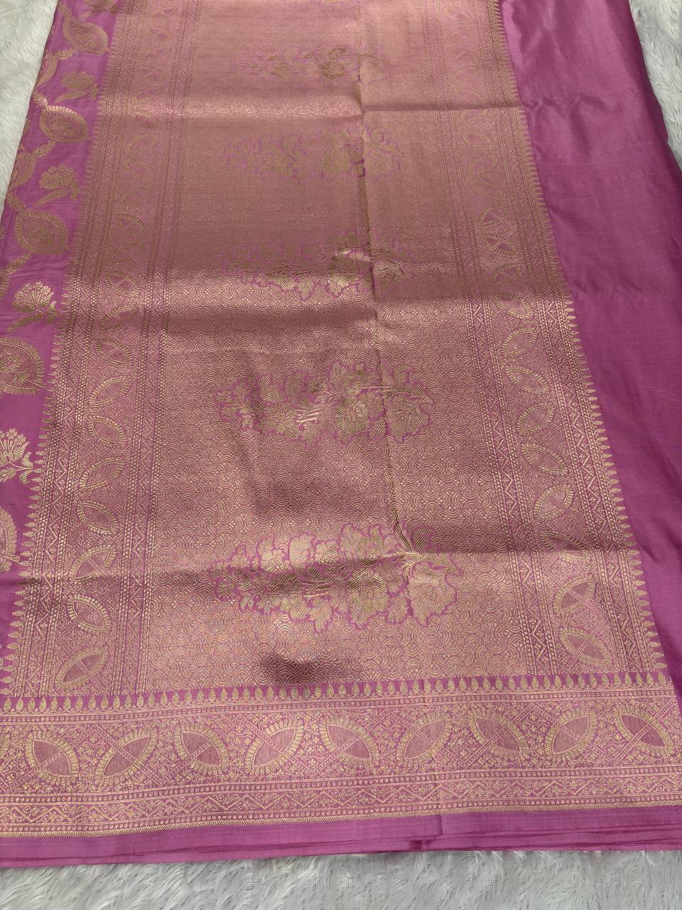 Mauve Pink Katan Silk Banarasi Jungla Saree with Antique Gold Zari Cutwork and Grand Paisley Pallu
