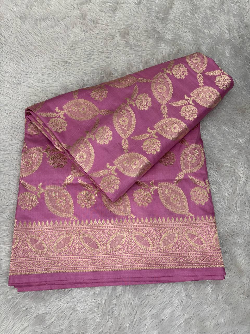 Mauve Pink Katan Silk Banarasi Jungla Saree with Antique Gold Zari Cutwork and Grand Paisley Pallu