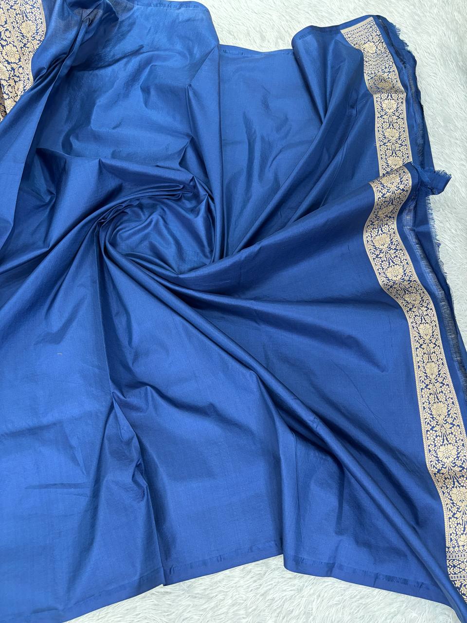 Midnight Blue Katan Silk Banarasi Jungla Saree with Antique Gold Zari Cutwork and Floral Lattice Pallu