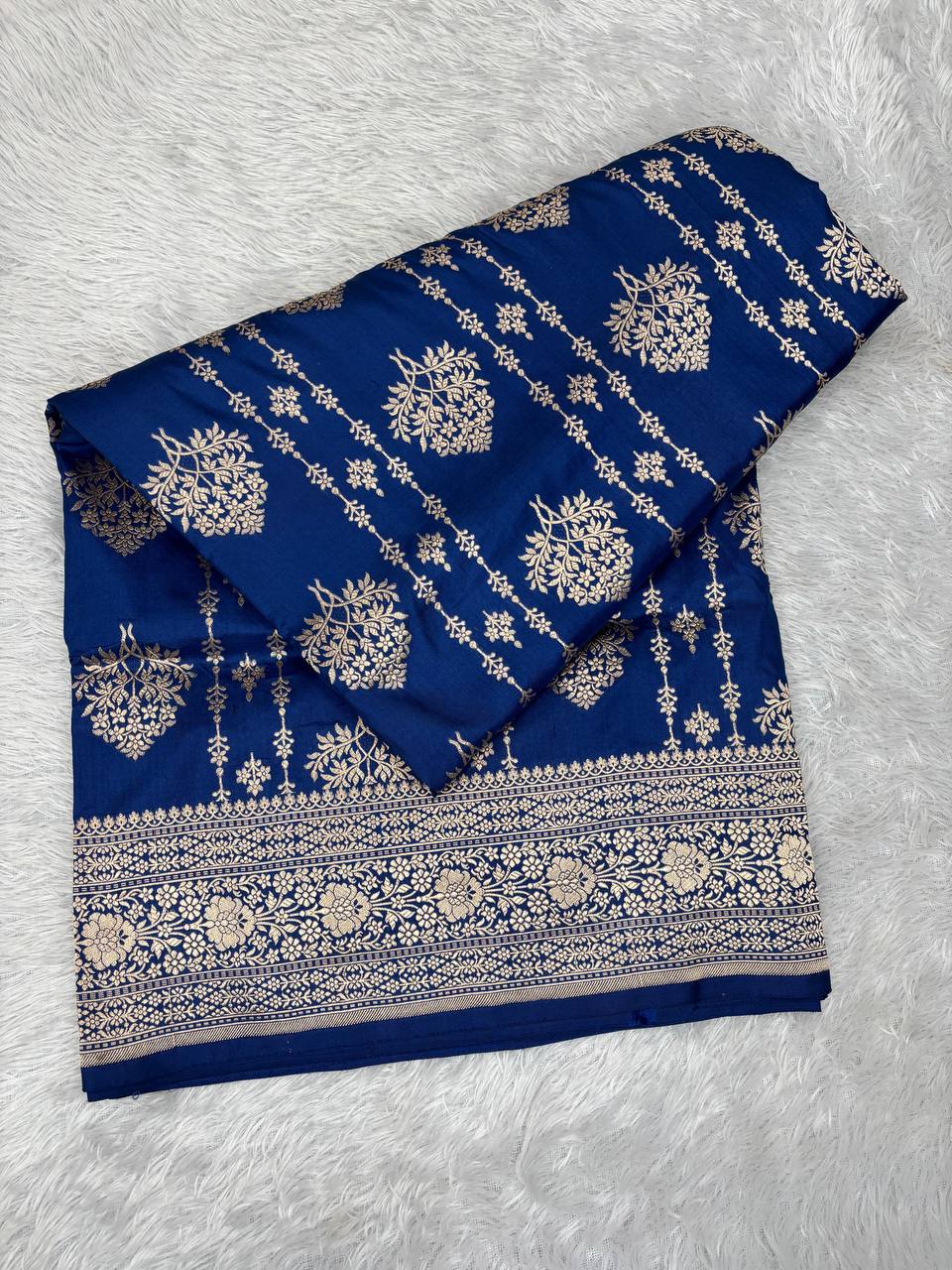 Midnight Blue Katan Silk Banarasi Jungla Saree with Antique Gold Zari Cutwork and Floral Lattice Pallu