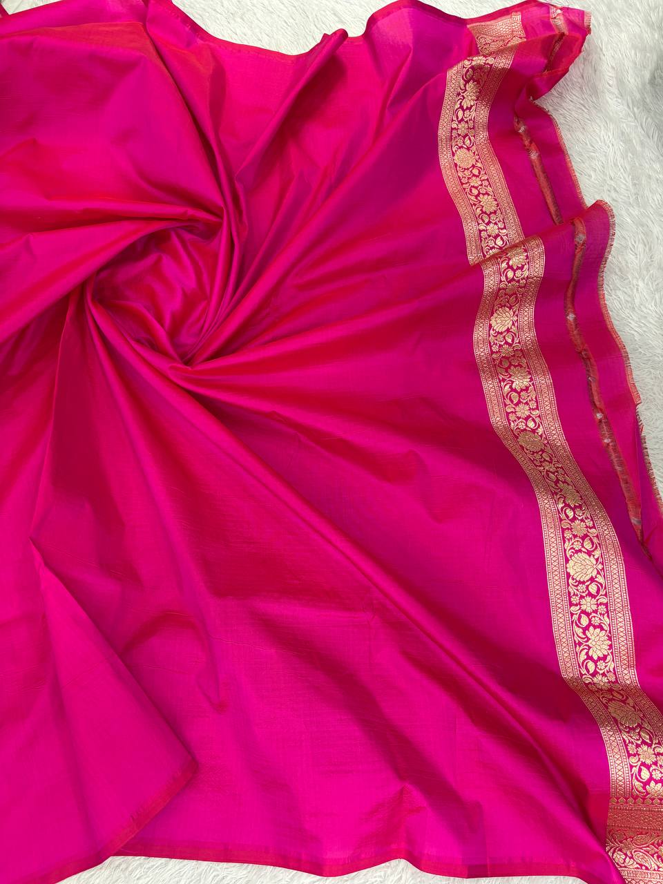 Magenta Katan Silk Banarasi Saree with Vertical Zari Stripes and Ornate Floral Brocade Pallu