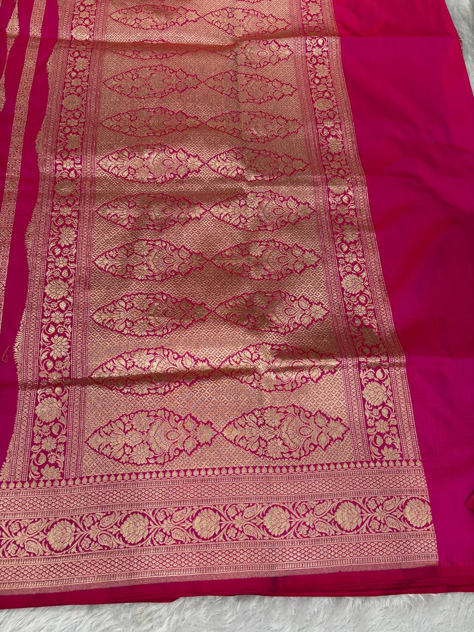 Magenta Katan Silk Banarasi Saree with Vertical Zari Stripes and Ornate Floral Brocade Pallu