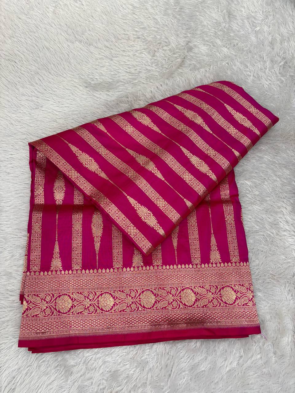 Magenta Katan Silk Banarasi Saree with Vertical Zari Stripes and Ornate Floral Brocade Pallu