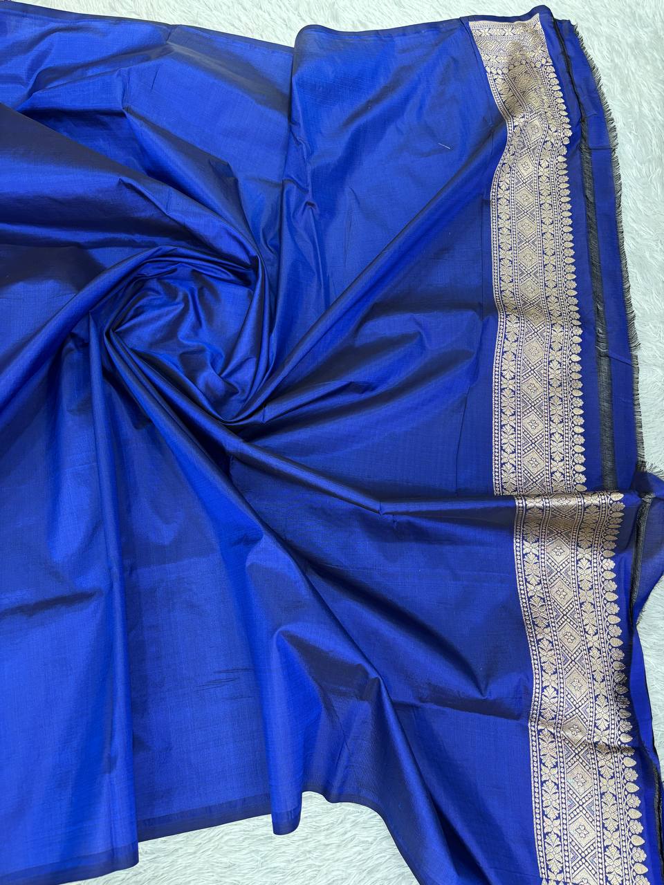 Royal Blue Katan Silk Banarasi Jungla Saree with Antique Gold Zari Cutwork and Grand Floral Pallu