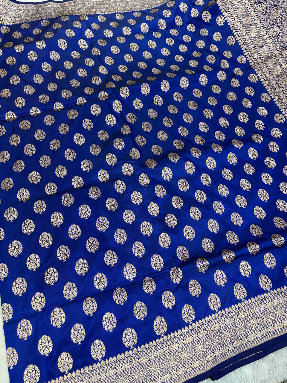 Royal Blue Katan Silk Banarasi Jungla Saree with Antique Gold Zari Cutwork and Grand Floral Pallu