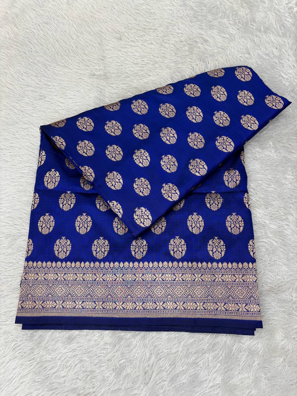 Royal Blue Katan Silk Banarasi Jungla Saree with Antique Gold Zari Cutwork and Grand Floral Pallu