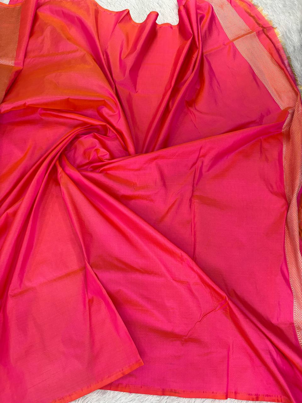 Gajri Pink Katan Silk Banarasi Jungla Saree with Antique Gold Zari Cutwork and Diamond Lattice Pallu