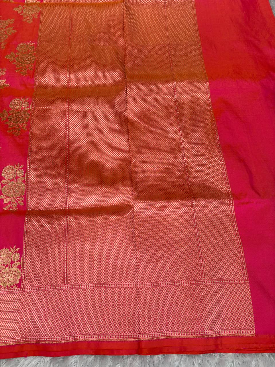Gajri Pink Katan Silk Banarasi Jungla Saree with Antique Gold Zari Cutwork and Diamond Lattice Pallu