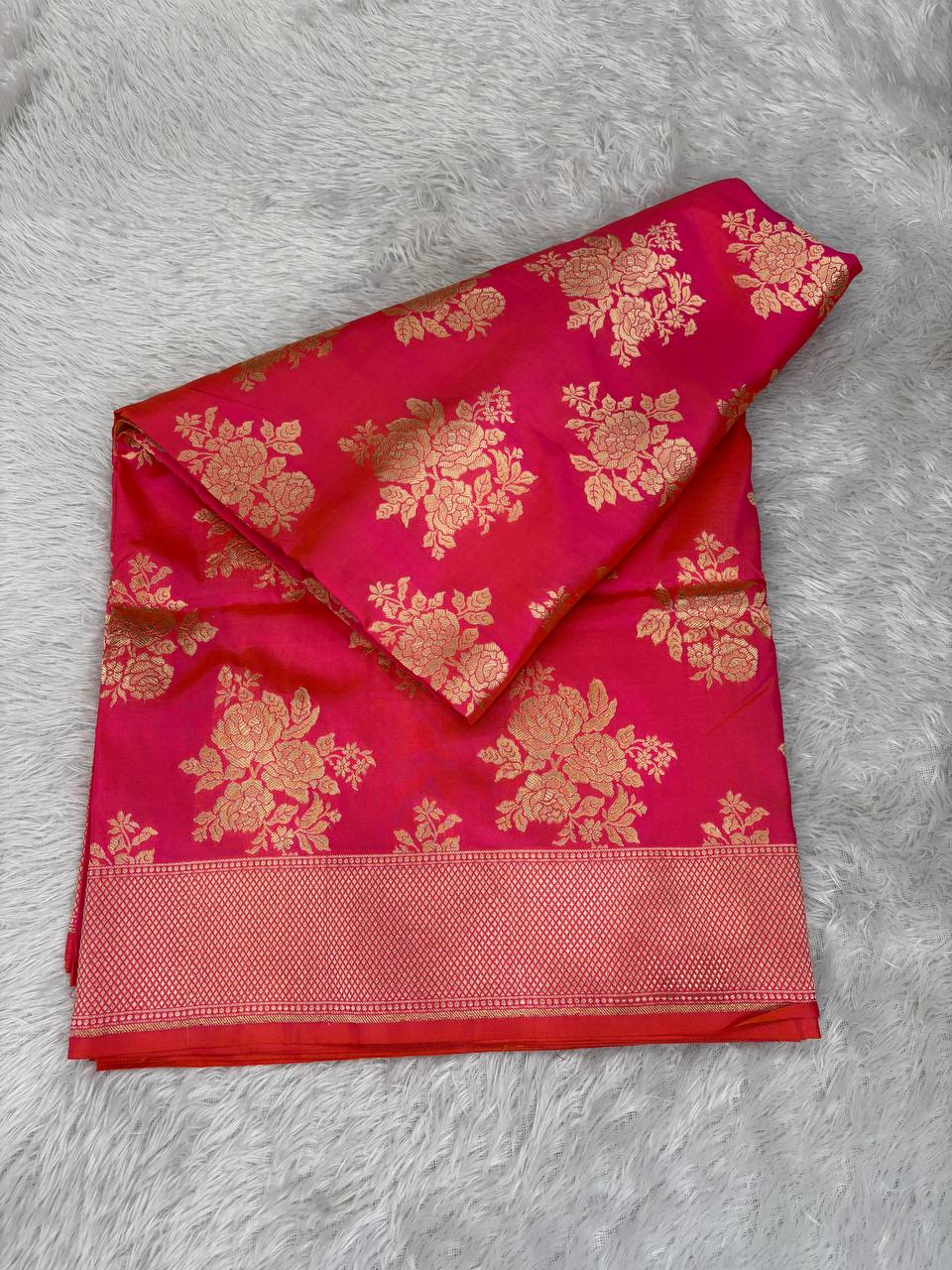 Gajri Pink Katan Silk Banarasi Jungla Saree with Antique Gold Zari Cutwork and Diamond Lattice Pallu