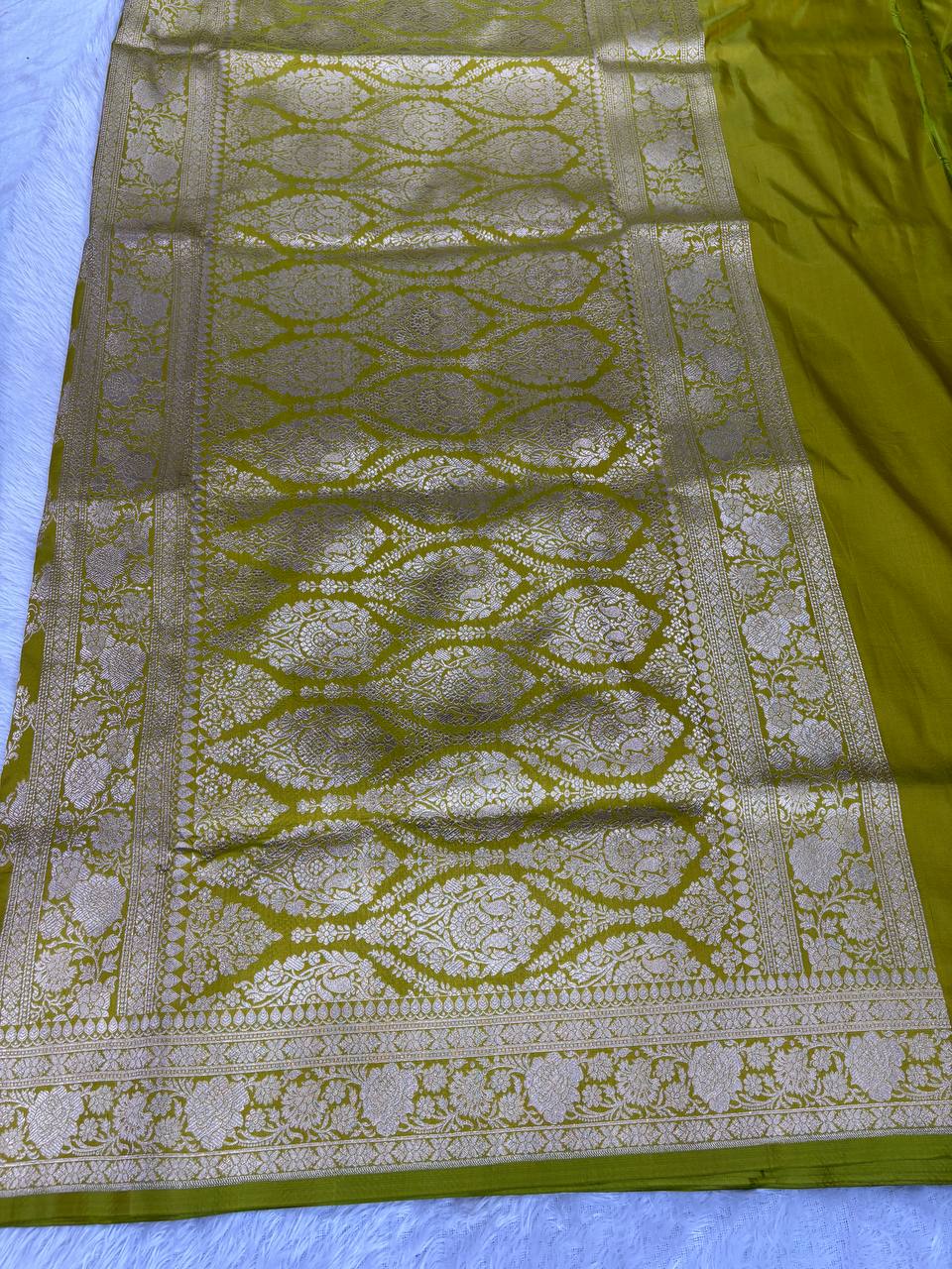 Olive Green Katan Silk Banarasi Jungla Saree with Antique Gold Zari Cutwork and Ornate Pallu