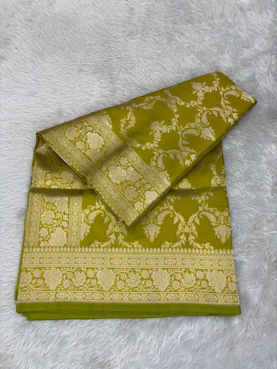 Olive Green Katan Silk Banarasi Jungla Saree with Antique Gold Zari Cutwork and Ornate Pallu