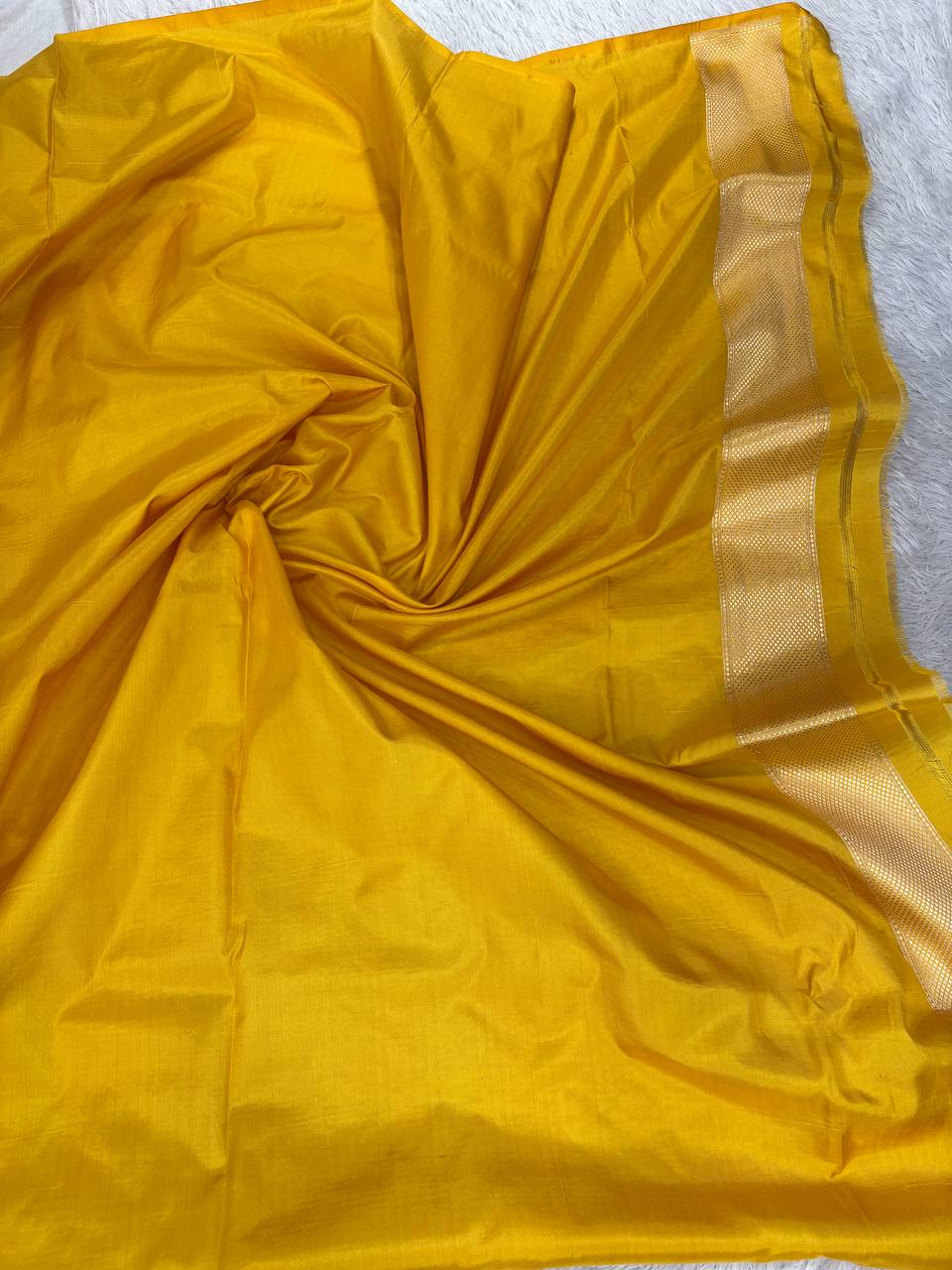 Mustard Yellow Katan Silk Banarasi Jungla Saree with Silver Zari Cutwork and Diamond Lattice Pallu