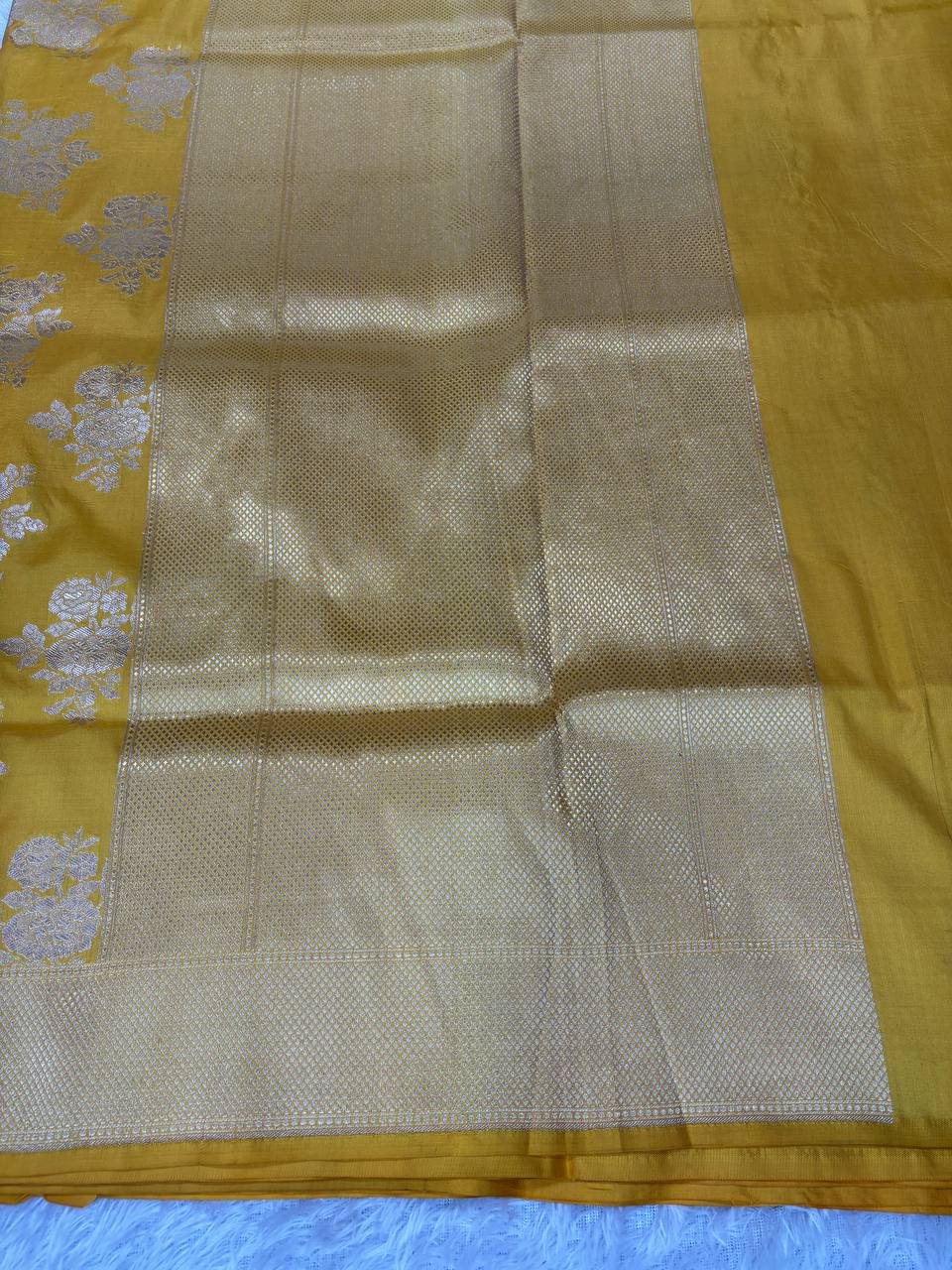 Mustard Yellow Katan Silk Banarasi Jungla Saree with Silver Zari Cutwork and Diamond Lattice Pallu