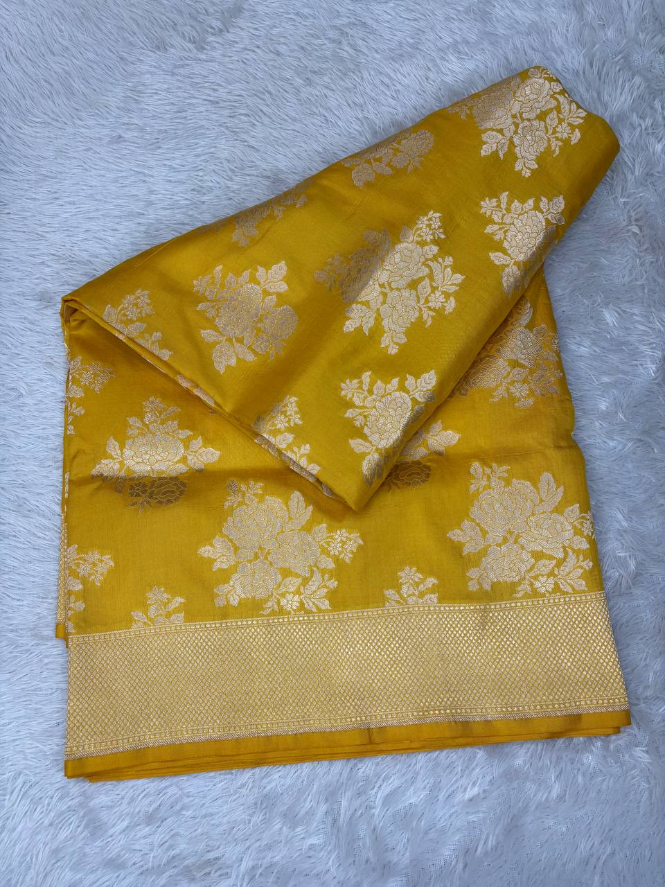 Mustard Yellow Katan Silk Banarasi Jungla Saree with Silver Zari Cutwork and Diamond Lattice Pallu
