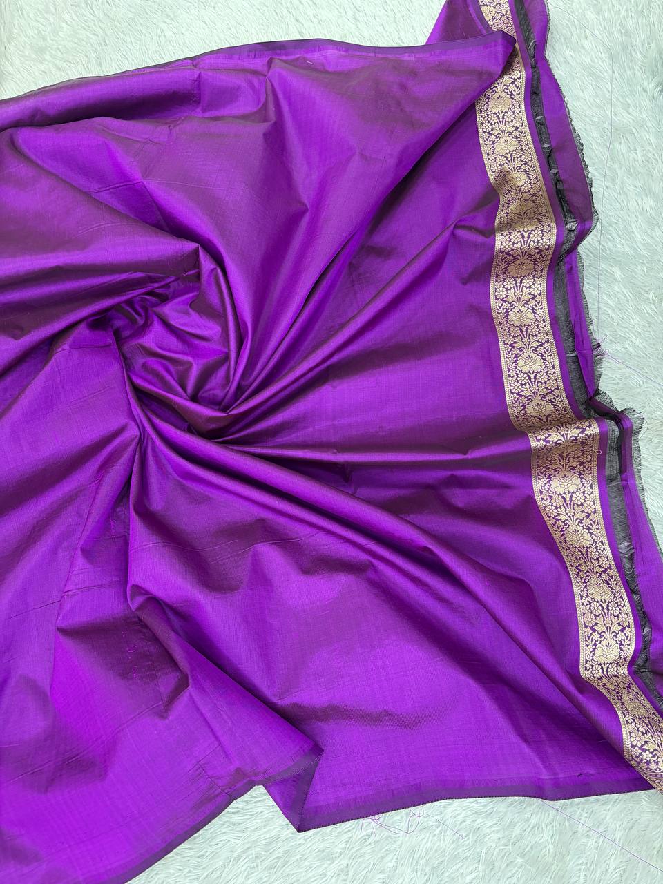 Purple Katan Silk Banarasi Jungla Saree with Antique Gold Zari Cutwork and Floral Lattice Pallu