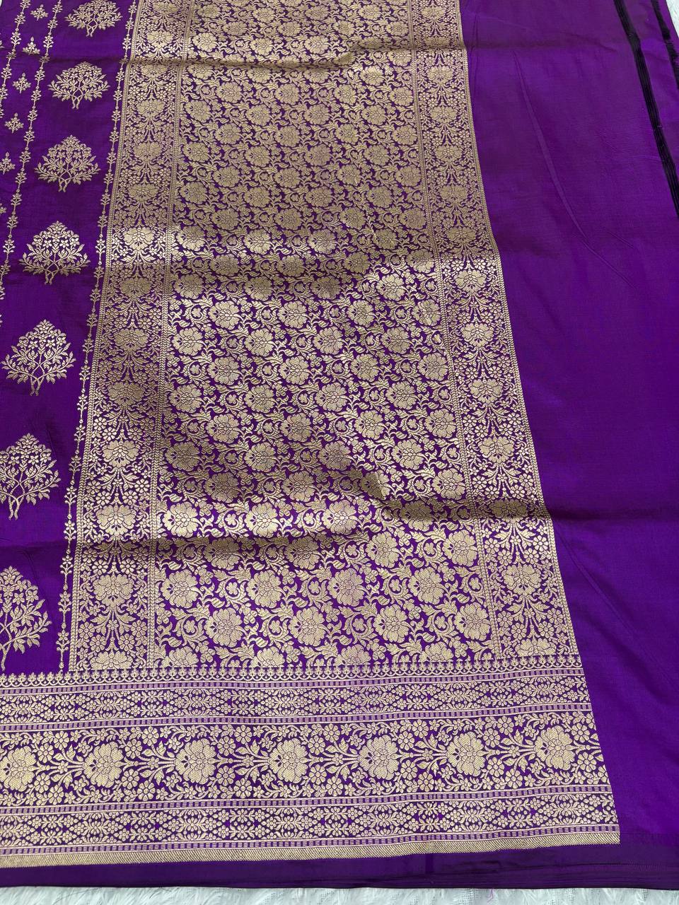 Purple Katan Silk Banarasi Jungla Saree with Antique Gold Zari Cutwork and Floral Lattice Pallu