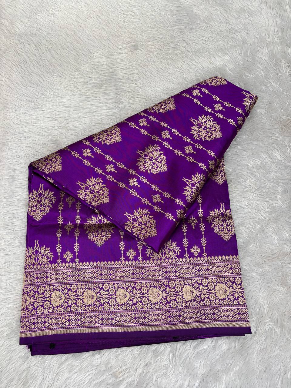 Purple Katan Silk Banarasi Jungla Saree with Antique Gold Zari Cutwork and Floral Lattice Pallu