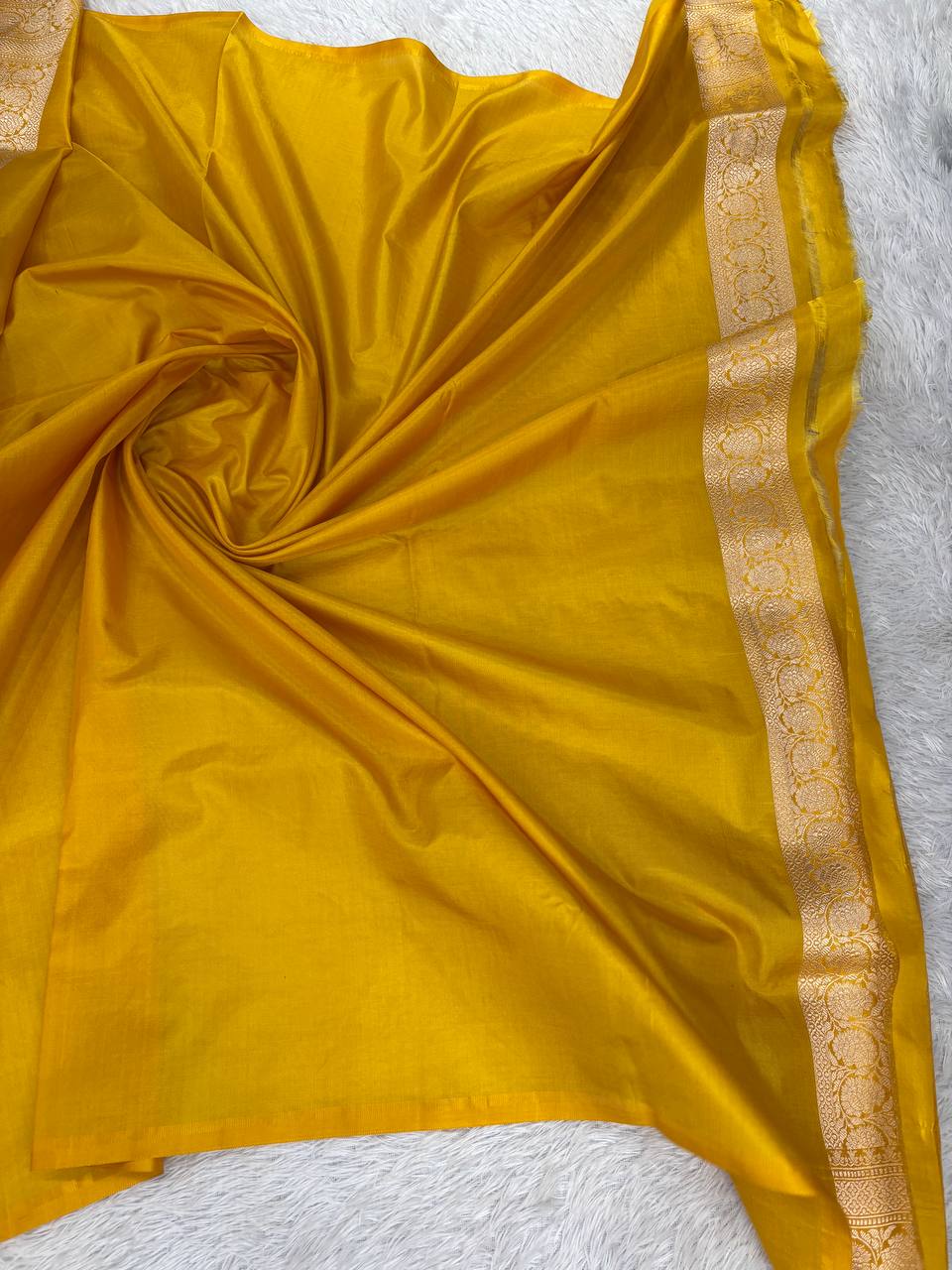 Mustard Yellow Katan Silk Banarasi Jungla Saree with Silver Zari Cutwork and Grand Floral Lattice Pallu