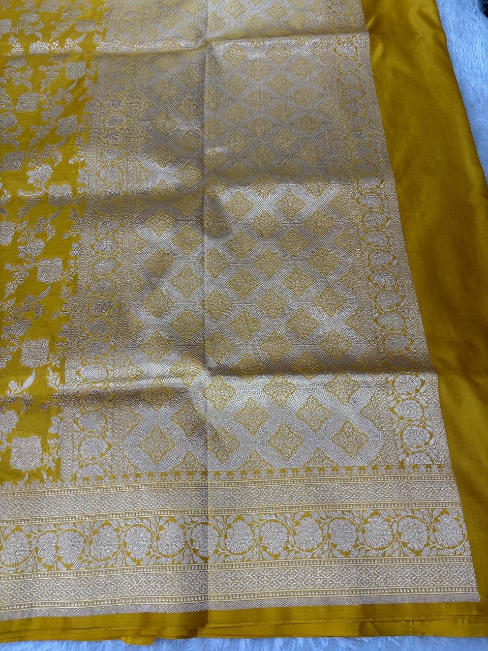 Mustard Yellow Katan Silk Banarasi Jungla Saree with Silver Zari Cutwork and Grand Floral Lattice Pallu