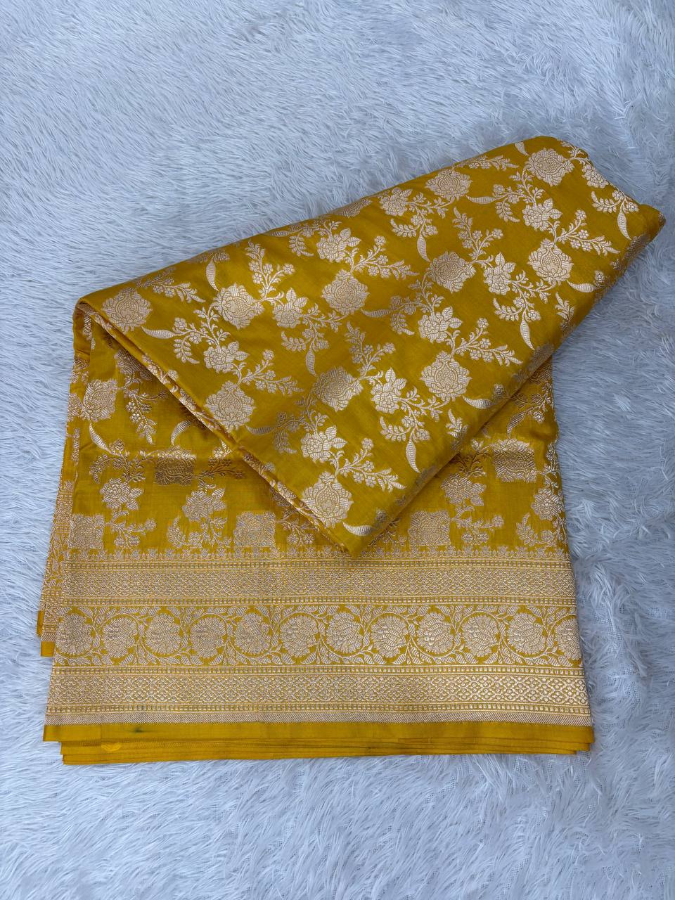Mustard Yellow Katan Silk Banarasi Jungla Saree with Silver Zari Cutwork and Grand Floral Lattice Pallu