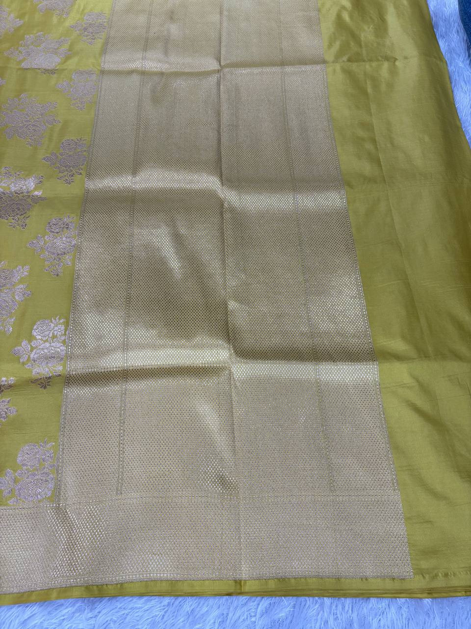 Lime Yellow Katan Silk Banarasi Jungla Saree with Silver Zari Cutwork and Grand Floral Lattice Pallu