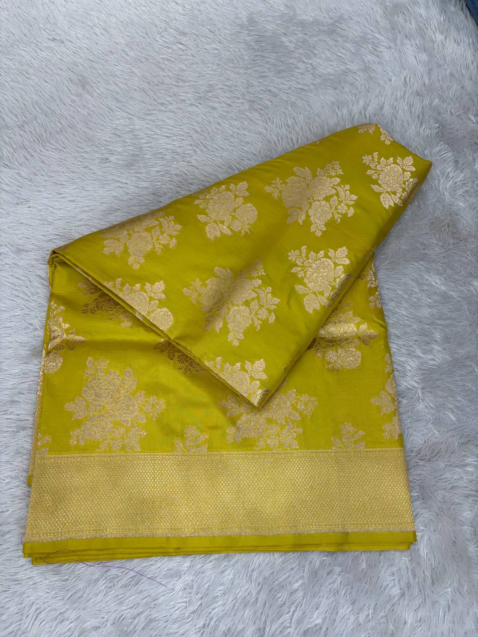 Lime Yellow Katan Silk Banarasi Jungla Saree with Silver Zari Cutwork and Grand Floral Lattice Pallu