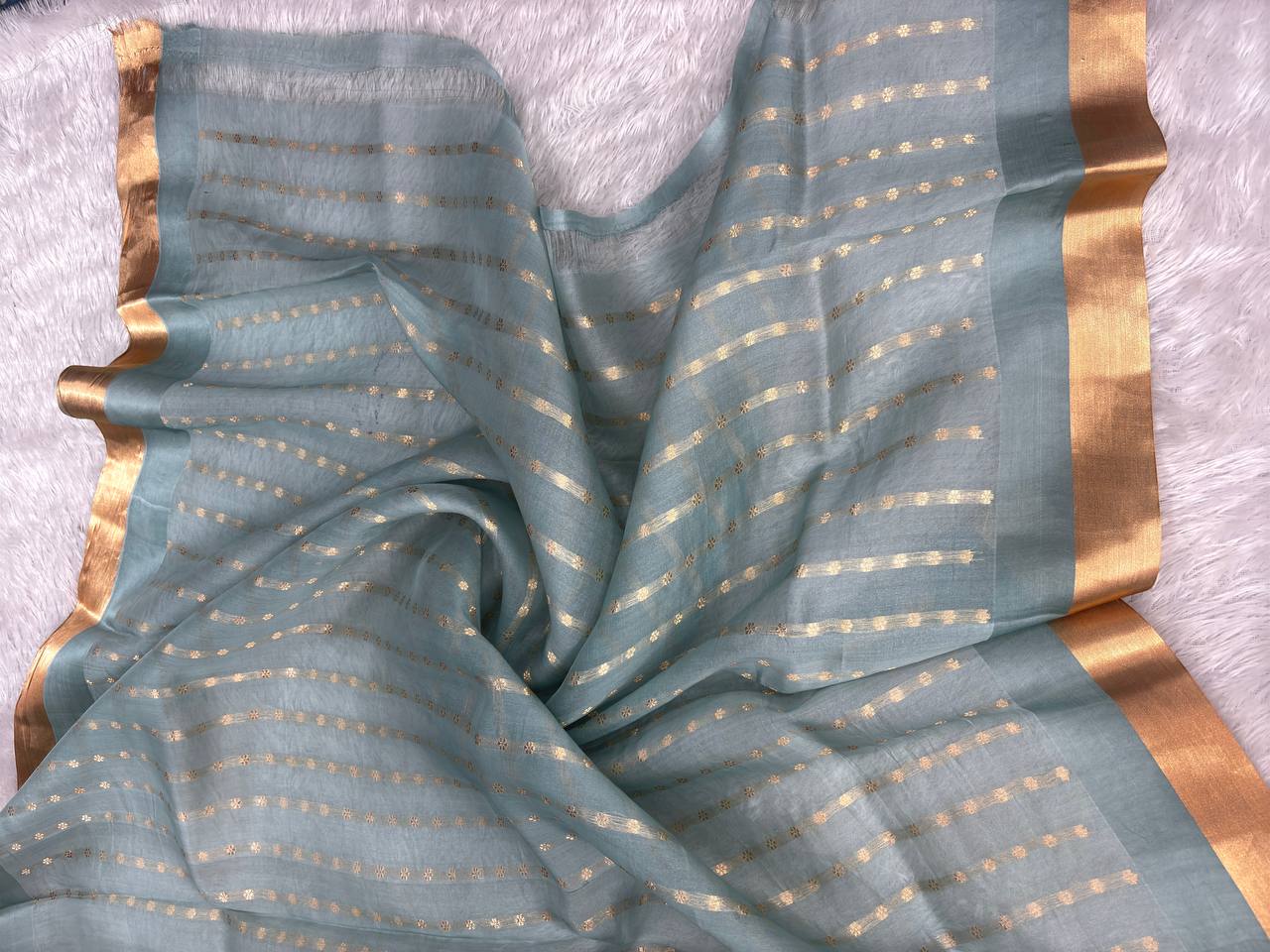 Dusty Blue Banarasi Kora Silk Saree with Kadhua Silver and Gold Leaf Motifs and Zari Border