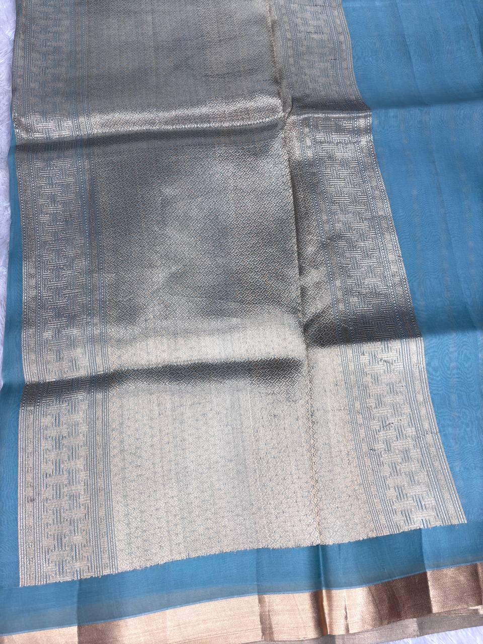 Dusty Blue Banarasi Kora Silk Saree with Kadhua Silver and Gold Leaf Motifs and Zari Border