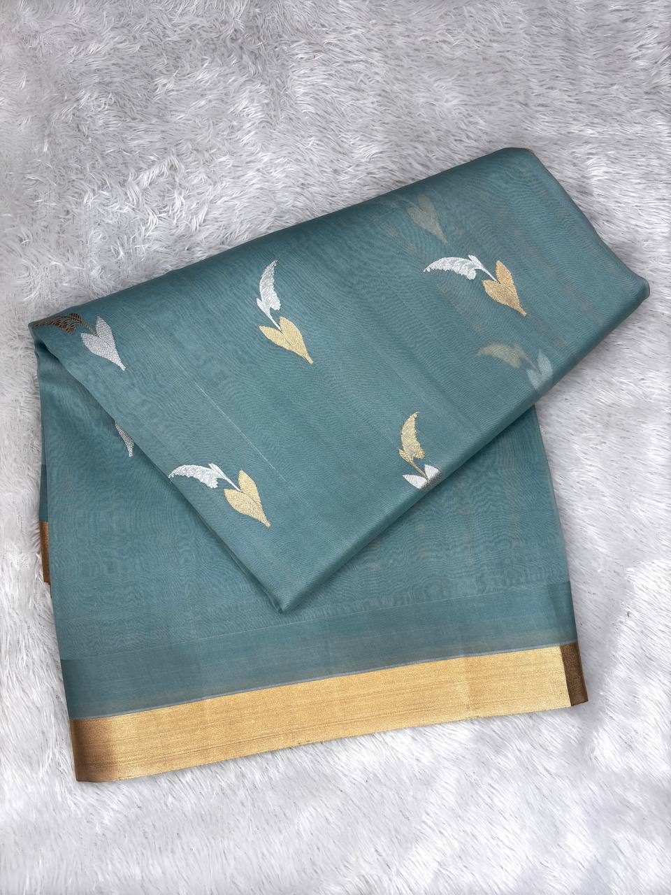 Dusty Blue Banarasi Kora Silk Saree with Kadhua Silver and Gold Leaf Motifs and Zari Border
