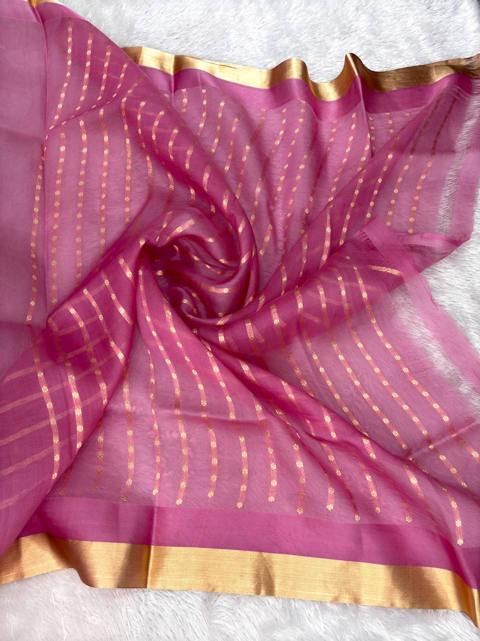 Vibrant Magenta Banarasi Kora Silk Saree with Kadhua Silver and Gold Leaf Motifs and Zari Border