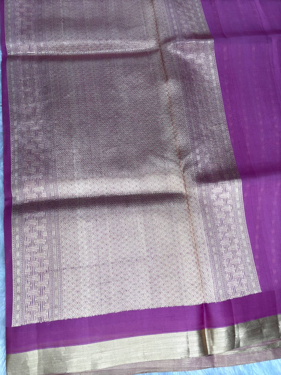 Vibrant Magenta Banarasi Kora Silk Saree with Kadhua Silver and Gold Leaf Motifs and Zari Border