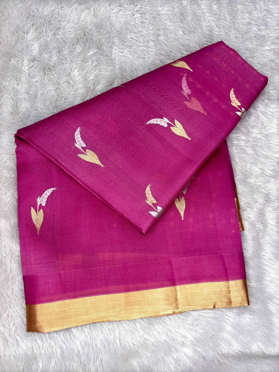 Vibrant Magenta Banarasi Kora Silk Saree with Kadhua Silver and Gold Leaf Motifs and Zari Border