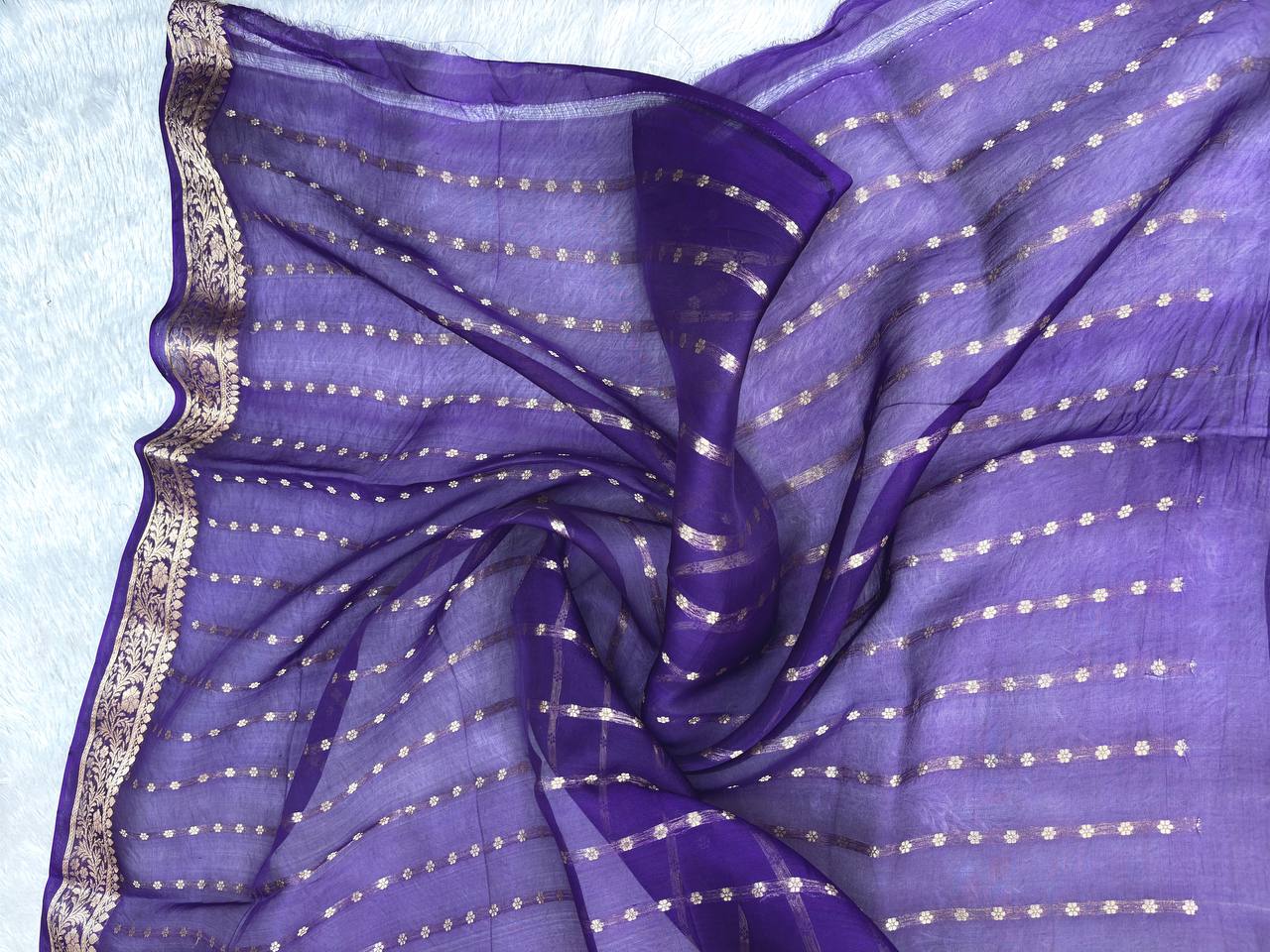 Olive Green Banarasi Kora Silk Saree with Kadhua Silver & Gold Buti and Contrast Purple Zari Border