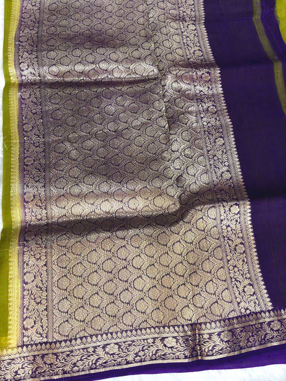 Olive Green Banarasi Kora Silk Saree with Kadhua Silver & Gold Buti and Contrast Purple Zari Border