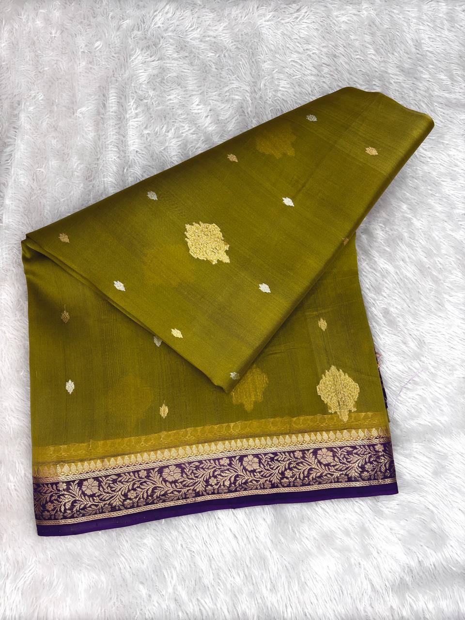 Olive Green Banarasi Kora Silk Saree with Kadhua Silver & Gold Buti and Contrast Purple Zari Border