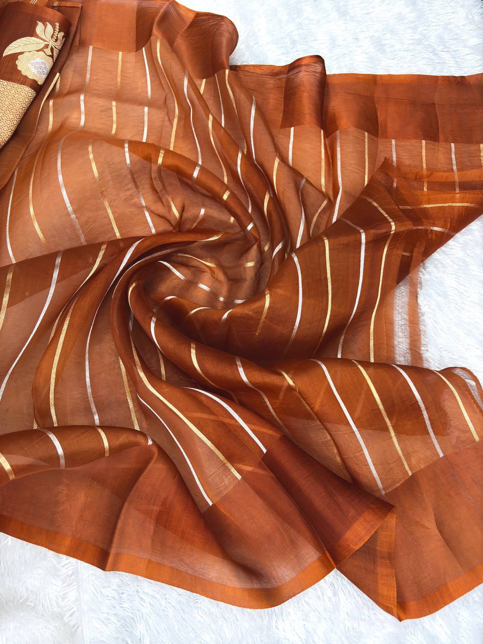 Rust Brown Banarasi Kora Silk Saree with Gold Zari Stripes and Kadhua Floral Medallion Border