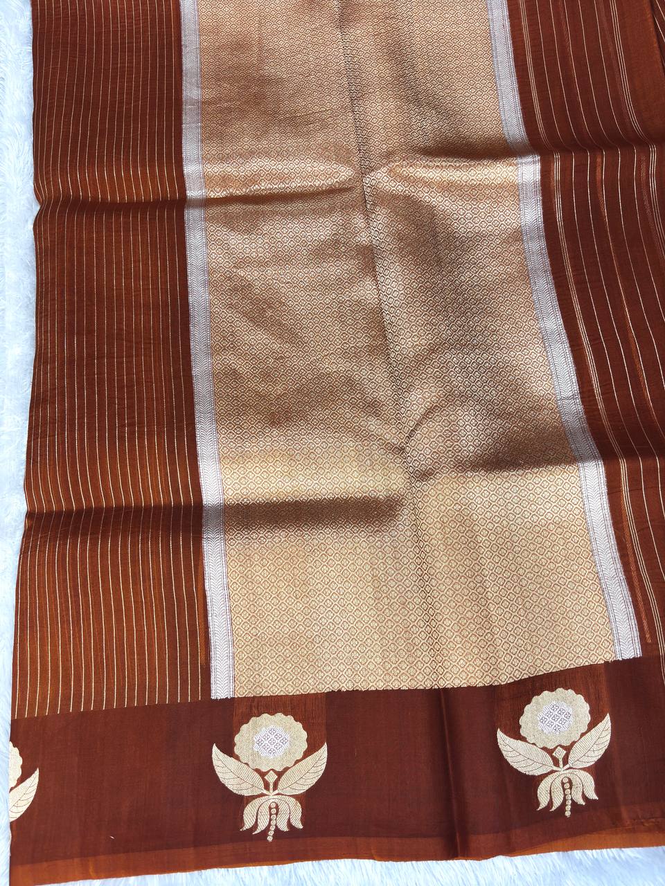 Rust Brown Banarasi Kora Silk Saree with Gold Zari Stripes and Kadhua Floral Medallion Border