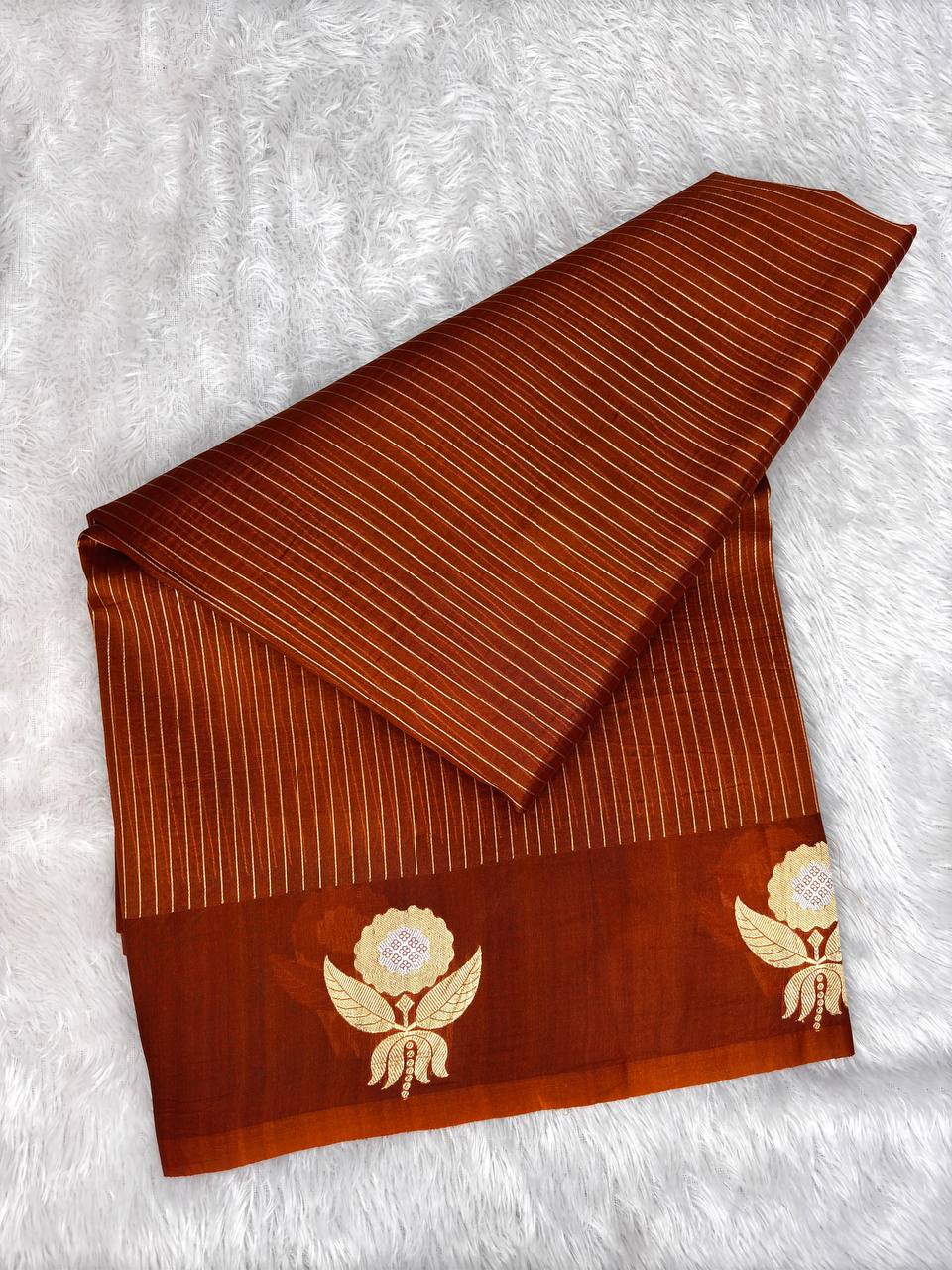 Rust Brown Banarasi Kora Silk Saree with Gold Zari Stripes and Kadhua Floral Medallion Border